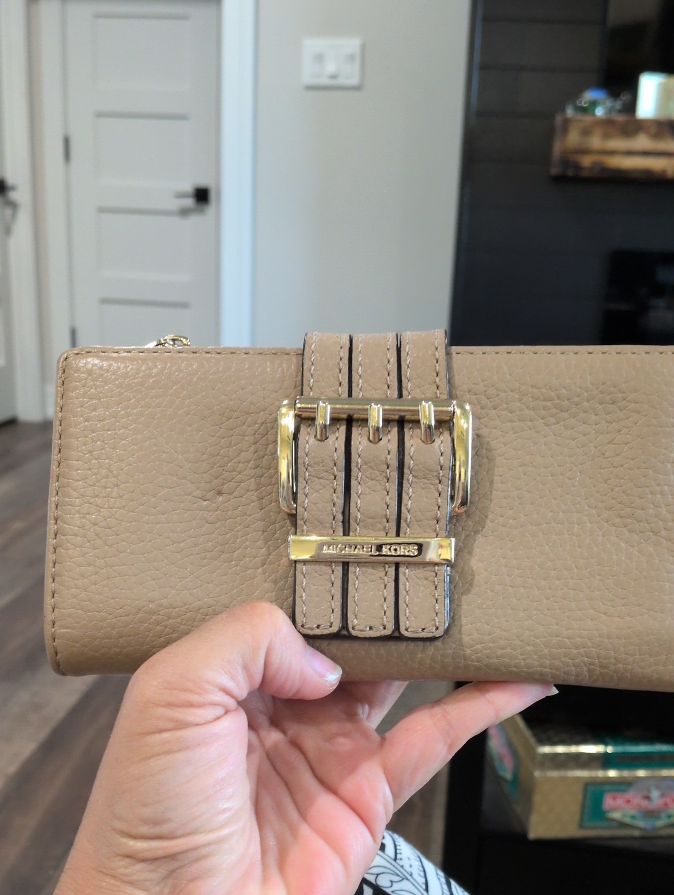 Michael Kors Taupe Pebble Leather Wallet With Gold Buckle